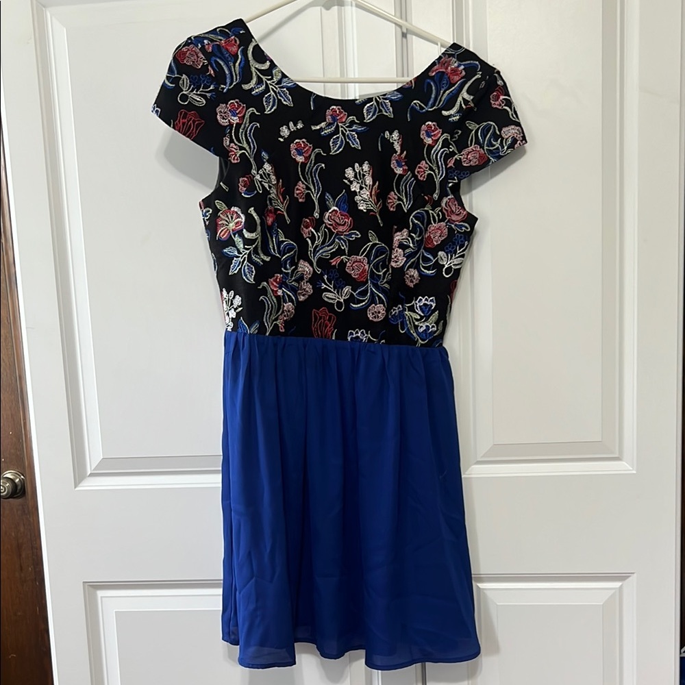 Floral Embroidered Black and Blue Dress